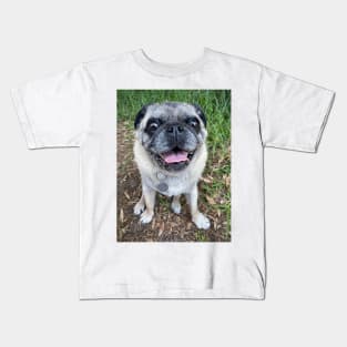 Cute pug dog sitting near grass Kids T-Shirt